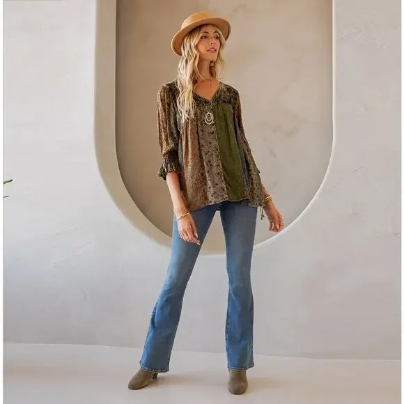 Young Threads Size Medium Gravel Patchwork Velvet Top - Picture 5 of 6